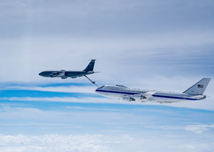 Boeing KC-135R Stratotanker refueling a Boeing E-4B mid-flight