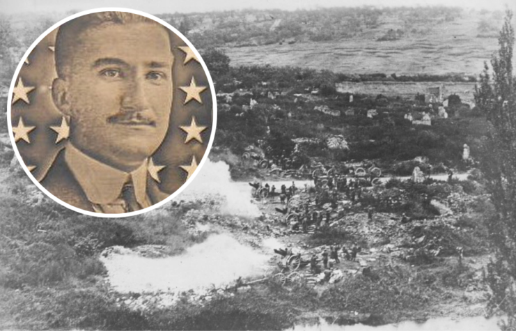 Aerial view of fighting happening at Varennes-an-Argonne, Meuse, France + Henry Gunther's image etched into a plaque