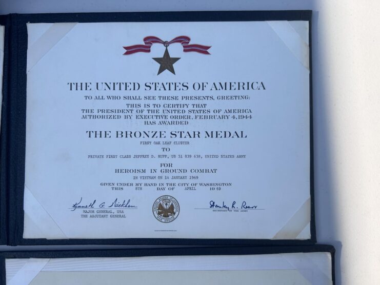 Certificate describing Jeffrey David Rupp's Bronze Star medal