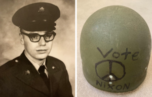 Military portrait of Jeffrey David Rupp + Helmet insert with a peace sign and "Vote Nixon" written on it