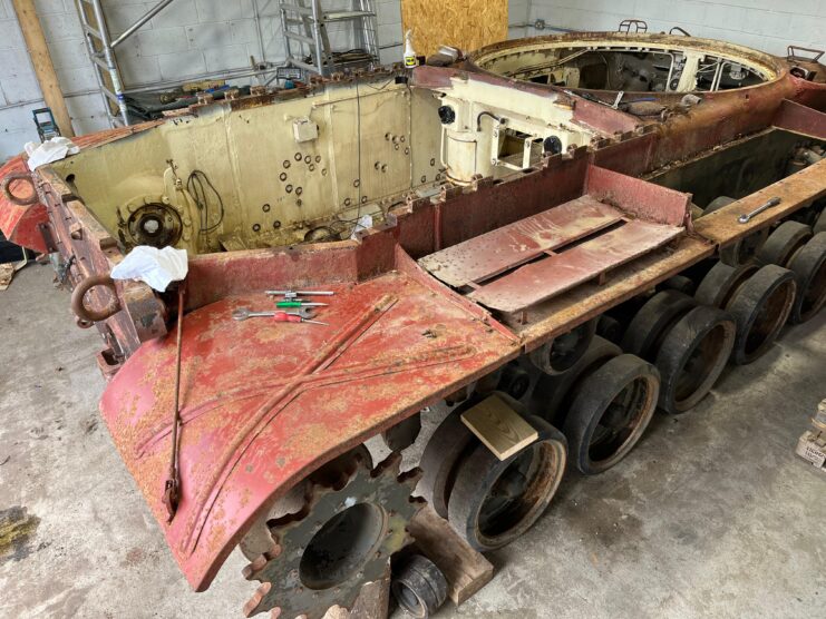 Stripped down M47 Patton in a workshop