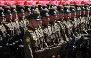 North Korean soldiers marching in uniform