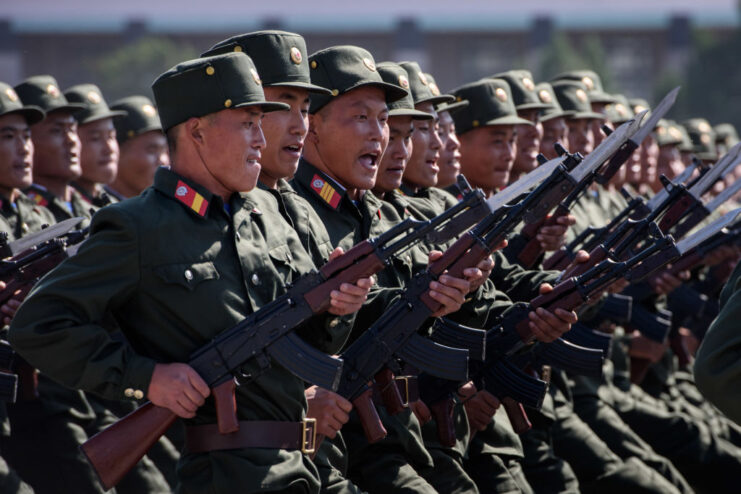 North Korean soldiers marching with fixed bayonets