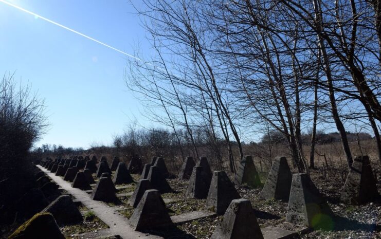 Lines of dragon's teeth placed across railroad tracks