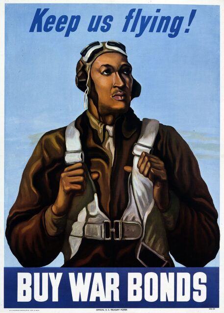 Propaganda poster with a portrait of an African-American pilot and the words, "Keep us flying! BUY WAR BONDS"