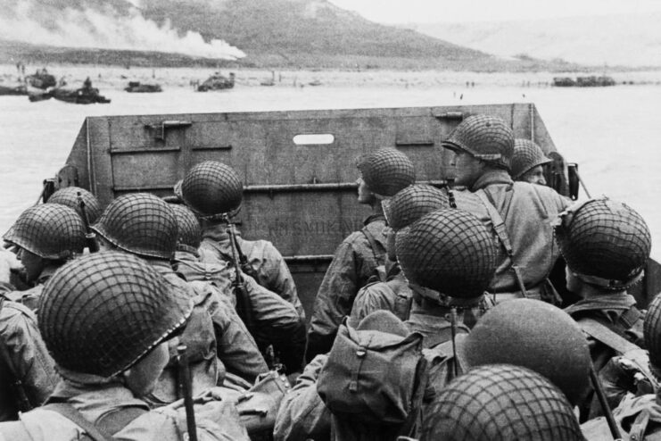 American troops aboard a Landing Craft, Vehicle, Personnel (LCVP)