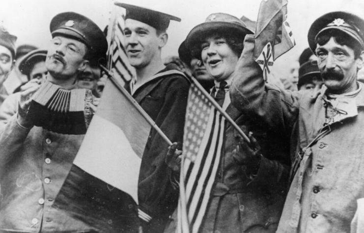 Crowd celebrating the signing of the Armistice