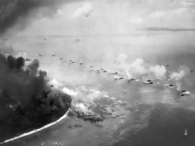 Aerial view of Landing Vehicles, Tracked (LVTs) arriving at Peleliu