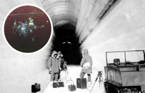 Three men standing in an ice tunnel + Radar image of Camp Century