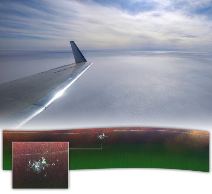 View out of the window of a Gulfstream III, paired with a radar image of Camp Century