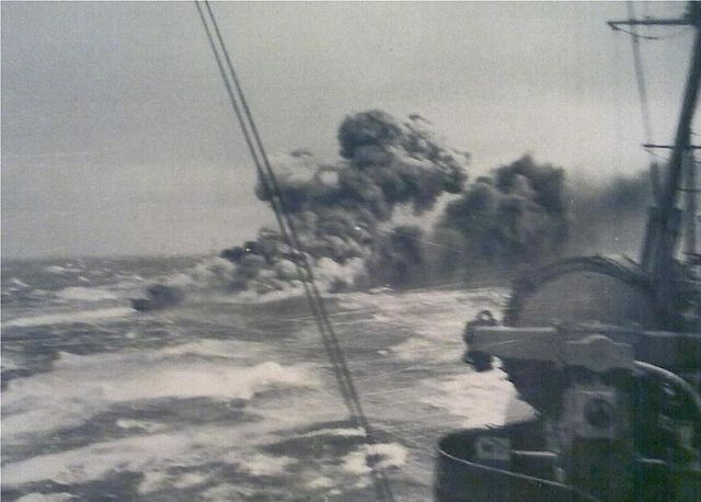 HMS Glowworm (H92) shrouded in smoke while at sea