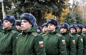 Russian soldiers walking in unison