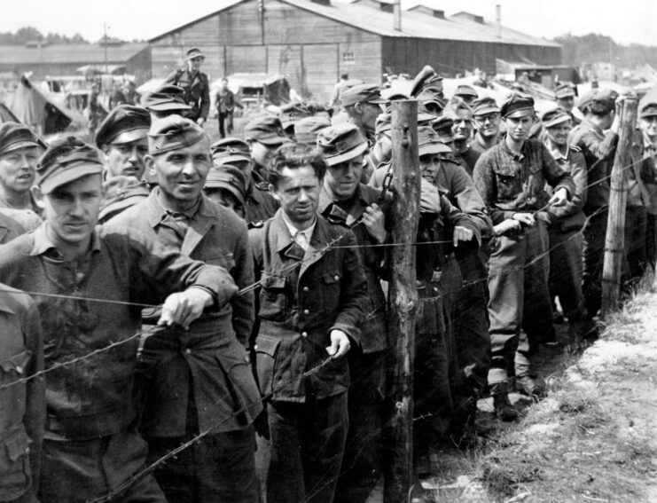 Dutch citizens who served with the SS standing behind a barbed wire fence at a prison camp