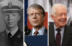 Military portrait of Jimmy Carter + Jimmy Carter standing at the presidential podium + Portrait of Jimmy Carter