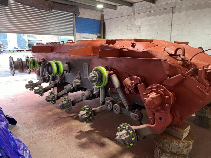 Partially-restored M47 Patton in a garage workshop