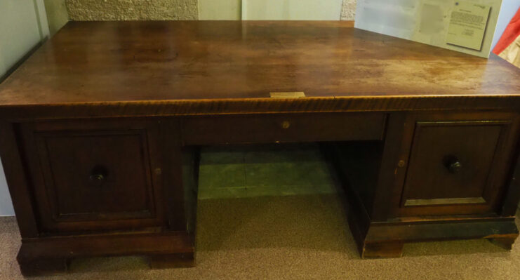 Wooden desk on display